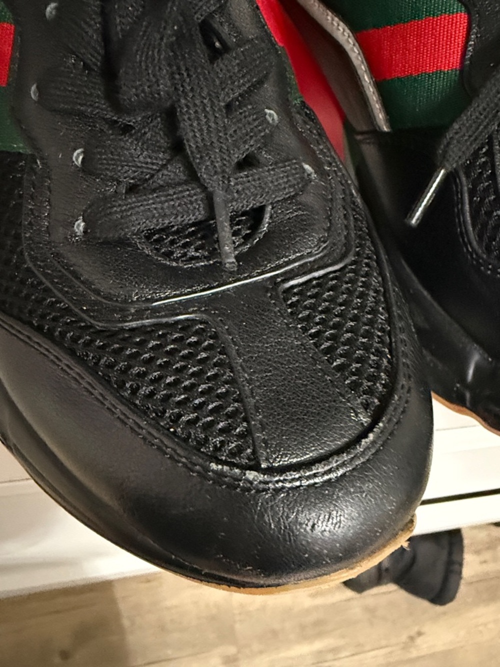 Gucci Black Leather Sneakers with Red and Green Web Stripe and Red Heel - Picture 6 of 8